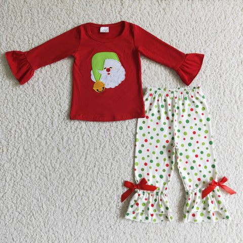 Christmas Embroidery Santa Green Red Plaid Girl's Set