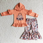 GLP0213 Halloween Pumpkin Lantern Flower Ruffled Hoodie Girl's Set