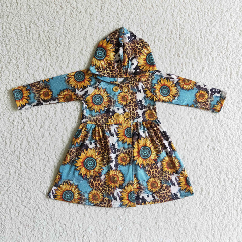 Fashion Sunflower Leopard Blue Hoodie Girl's Coat