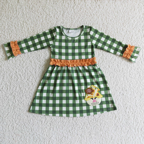 Embroidery Scarecrow Sunflower Green Plaid Cute Girl's Dress
