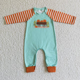 LR0046 Pumpkin Car Corn Orange Stripe Baby Cute Boy's Romper