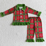 GLP0138 Boutique Christmas Green Red Plaid Buttons Girl's Set Pajamas