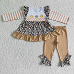 Fall Embroidery Pumpkin Leopard Khaki Stripe Girl's Set