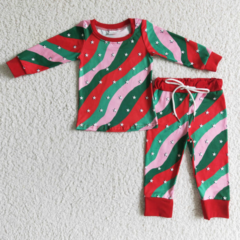 SALE GLP0186 Christmas Red Stripe Star Girl's Set Pajamas