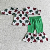 SALE GLP0160 Christmas Maple Leaf Green Bow Girl's Set