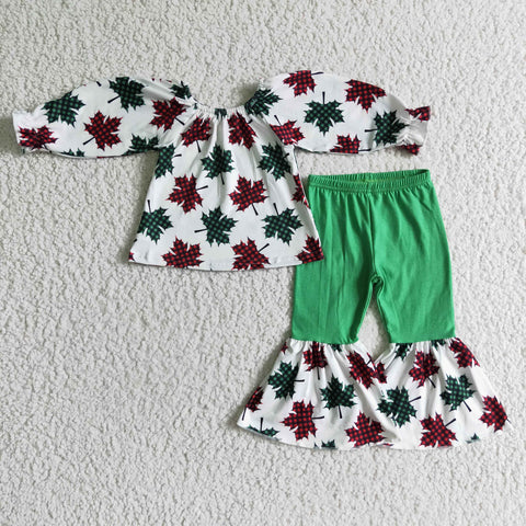 Christmas Maple Leaf Green Bow Girl's Set