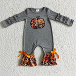 LR0139 Fall Embroidery Pumpkin Leopard Ruffled Gray Baby Cute Girl's Romper