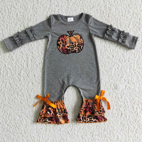 LR0139 Fall Embroidery Pumpkin Leopard Ruffled Gray Baby Cute Girl's Romper