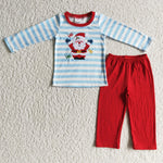 BLP0067 Embroidery HOHOHO Christmas Santa Claus Blue Stripe Boy's Set