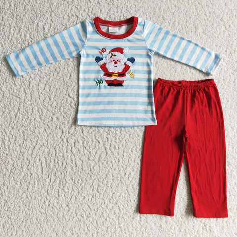 BLP0067 Embroidery HOHOHO Christmas Santa Claus Blue Stripe Boy's Set