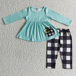 Boutique Pumpkin Blue Black Plaid Girl's Set