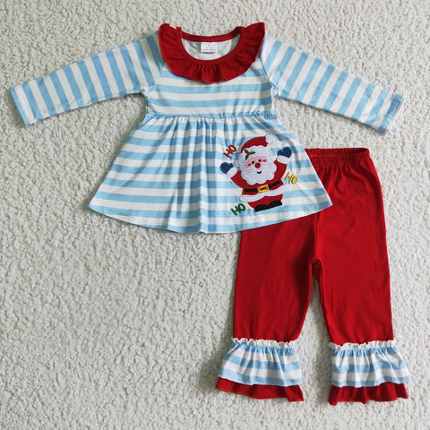 Embroidery HOHOHO Christmas Santa Claus Blue Stripe Girl's Set