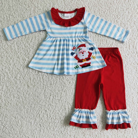 GLP0175 Embroidery HOHOHO Christmas Santa Claus Blue Stripe Girl's Set