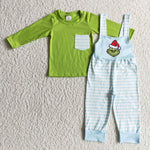 Christmas Overalls Green Pocket Blue Stripe Cartoon Boy's Set