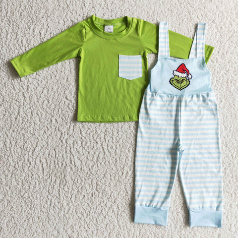 Christmas Overalls Green Pocket Blue Stripe Cartoon Boy's Set