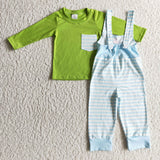 Christmas Overalls Green Pocket Blue Stripe Cartoon Boy's Set