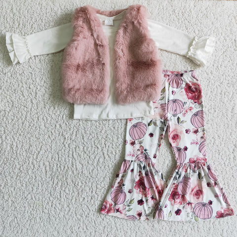 Boutique Fall Plush Vest Coat Pumpkin Flower Pink 3 pcs Girl's Outfits