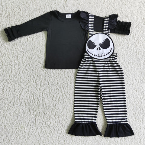 GLP0311 Halloween Overalls Black Stripe 2 pcs Girl's Set