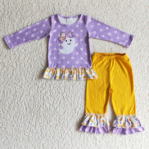 GLP0200 Embroidery Cute Ghost Purple Dots Flower Girl's Set