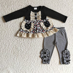 Boutique Leopard Black Stripe With Lace Girl's Set