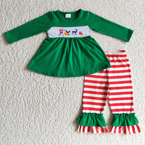 Christmas Embroidery Green Candy Canes Red Stripe Girl's Set