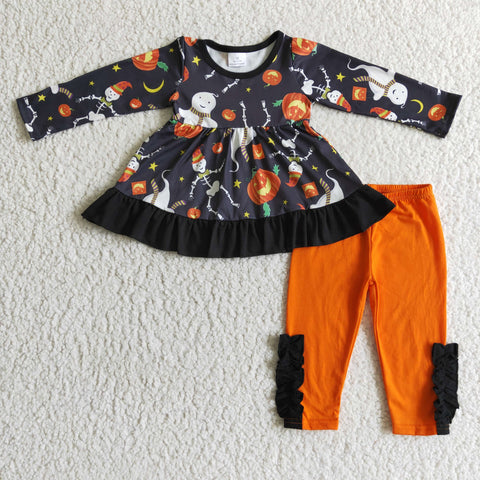 Halloween Pumpkin Orange Skull Girl's Set