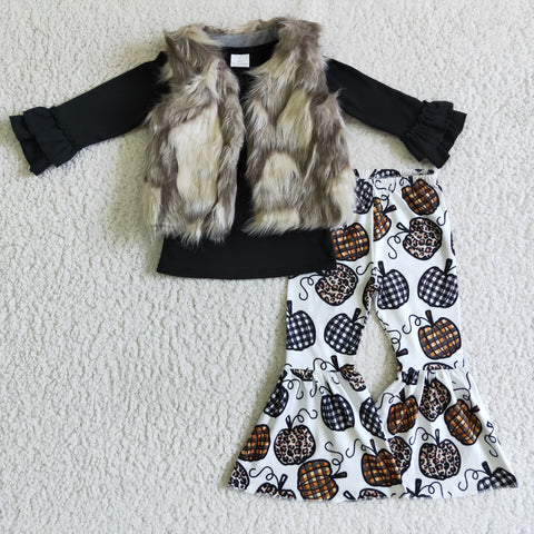 Boutique Fall Plush Vest Coat Pumpkin Leopard Black 3 pcs Girl's Outfits