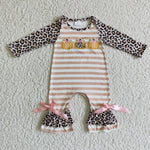 LR0134 Fall Embroidery Pumpkin Leopard Khaki Stripe Baby Cute Boy's Romper