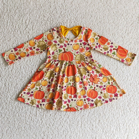 GLD0055 New Orange Pumpkin Bow Cute Girl's Dress