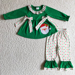 Boutique Embroidery Santa Claus Green Dots Bow Girl's Set