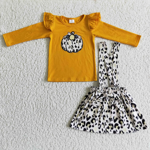 New Embroidery Pumpkin Orange Leopard Overalls Cute Girl's Skirt Set