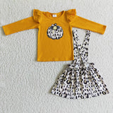 New Embroidery Pumpkin Orange Leopard Overalls Cute Girl's Skirt Set
