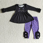 Cute Cat Black Purple Leopard Girl's Set