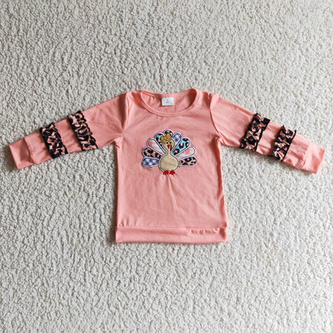 Girl's Thanksgiving Embroidery Turkey Leopard Ruffled Cute Shirt Top