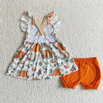 Embroidery Pumpkin Fall Orange Lace Pockets Girl's Matching Clothes