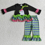 Embroidery Boutique Ghost Purple Stripe Ruffles Girl's Set