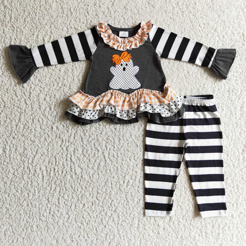 Embroidery Halloween Ghost Black Stripe Cute Girl's Set