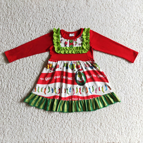 Christmas Green Red Cartoon Ruffled Baby Cute Girl's Dress