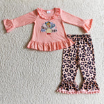 Thanksgiving Embroidery Turkey Leopard Ruffled Pink Girl's Set
