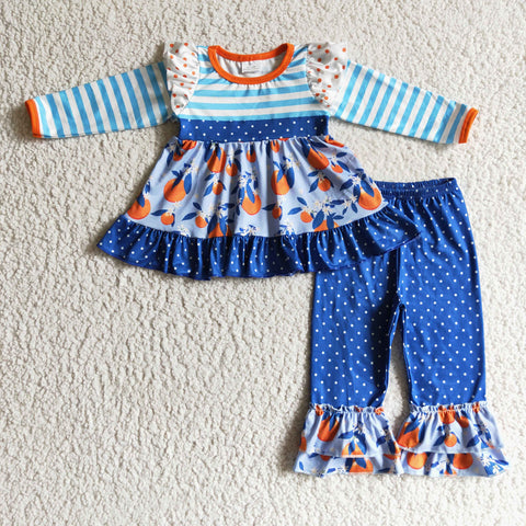 Fall Lemon Fruit Ruffled Blue Stripe Girl's Set