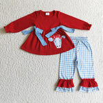 Christmas Embroidery Cow Red Blue Plaid Cute With Bow Girl's Set