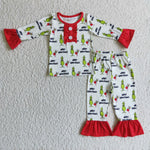 SALE GLP0133  Merry Christmas Green Cartoon Red Girl's Set Pajamas