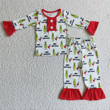 SALE GLP0133  Merry Christmas Green Cartoon Red Girl's Set Pajamas