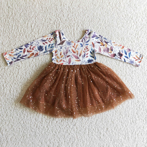 Boutique New Fall Watercolor Khaki Leaves Tulle Girl's Dress