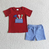 A4-11 Summer Embroidery Tool Red Blue Plaid Boy Shorts Set