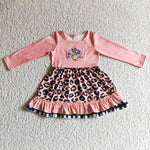 Thanksgiving Embroidered Turkey Leopard Ruffled Cute Girl's Dress