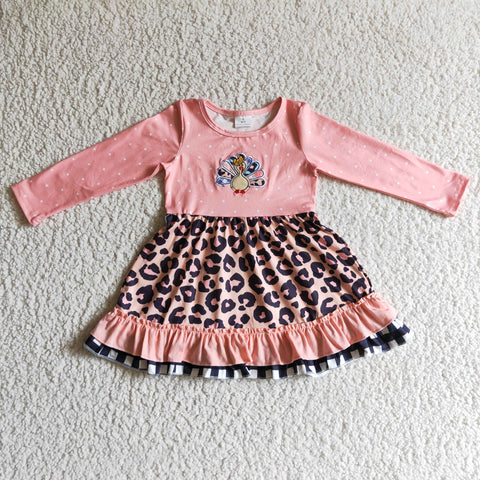 Thanksgiving Embroidered Turkey Leopard Ruffled Cute Girl's Dress