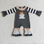Halloween Embroidery Ghost Black Stripe Cute Baby Cute Girl's Romper