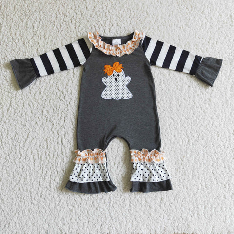 Halloween Embroidery Ghost Black Stripe Cute Baby Cute Girl's Romper