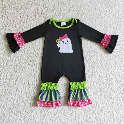 Halloween Embroidery Ghost Purple Stripe Ruffles Baby Cute Girl's Romper